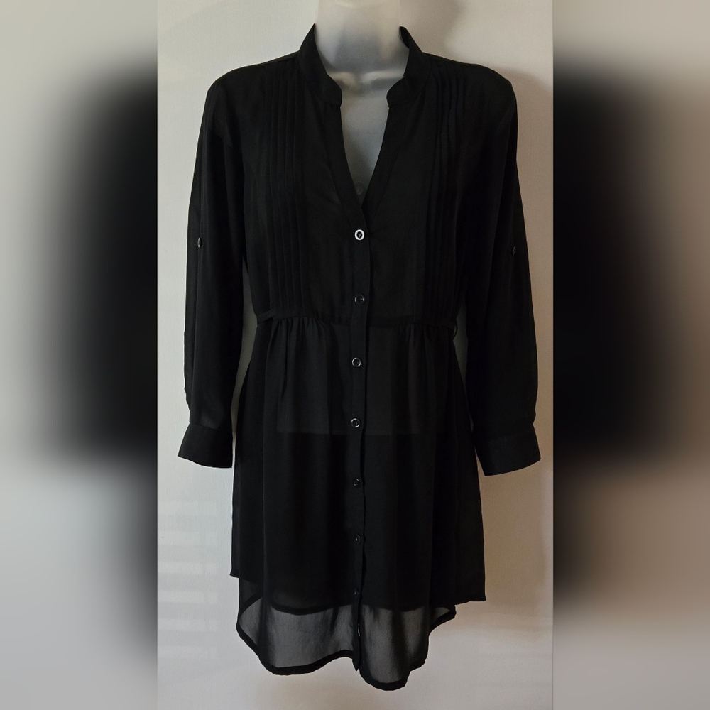 Vintage No Boundries Sheer Tunic Jrs Sz Medium Black Roll Tab Sleeves Euc
